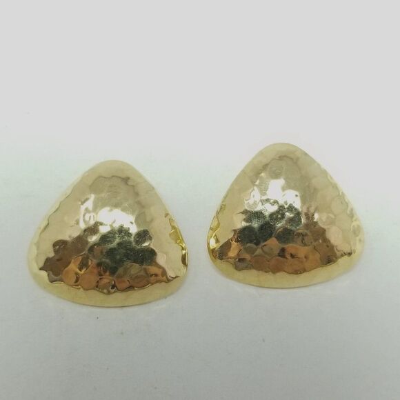 Vintage Triangle Stud Earrings, Gold Tone Hammered Surface Retro 80s Style - Picture 2 of 6